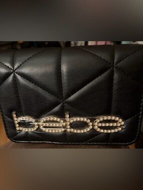 ✨ NWT bebe Black Quilted Faux Leather Zaza Crossbody Bag w Rhinestone Gold Logo